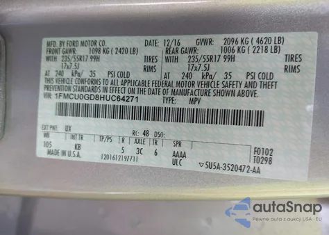 2017 Ford Escape Se from USA, damaged, VIN 1FMCU0GD8HUC64271